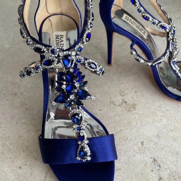 Badgley Mischka Georgia Cobalt Satin Strappy Jeweled High Heels,  Women's 7.5 - Picture 3 of 10